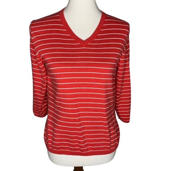 Lands' End 3/4 Sleeve V Neck Sweater Size PM Petite Medium 10-12 Coral White - Picture 1 of 6